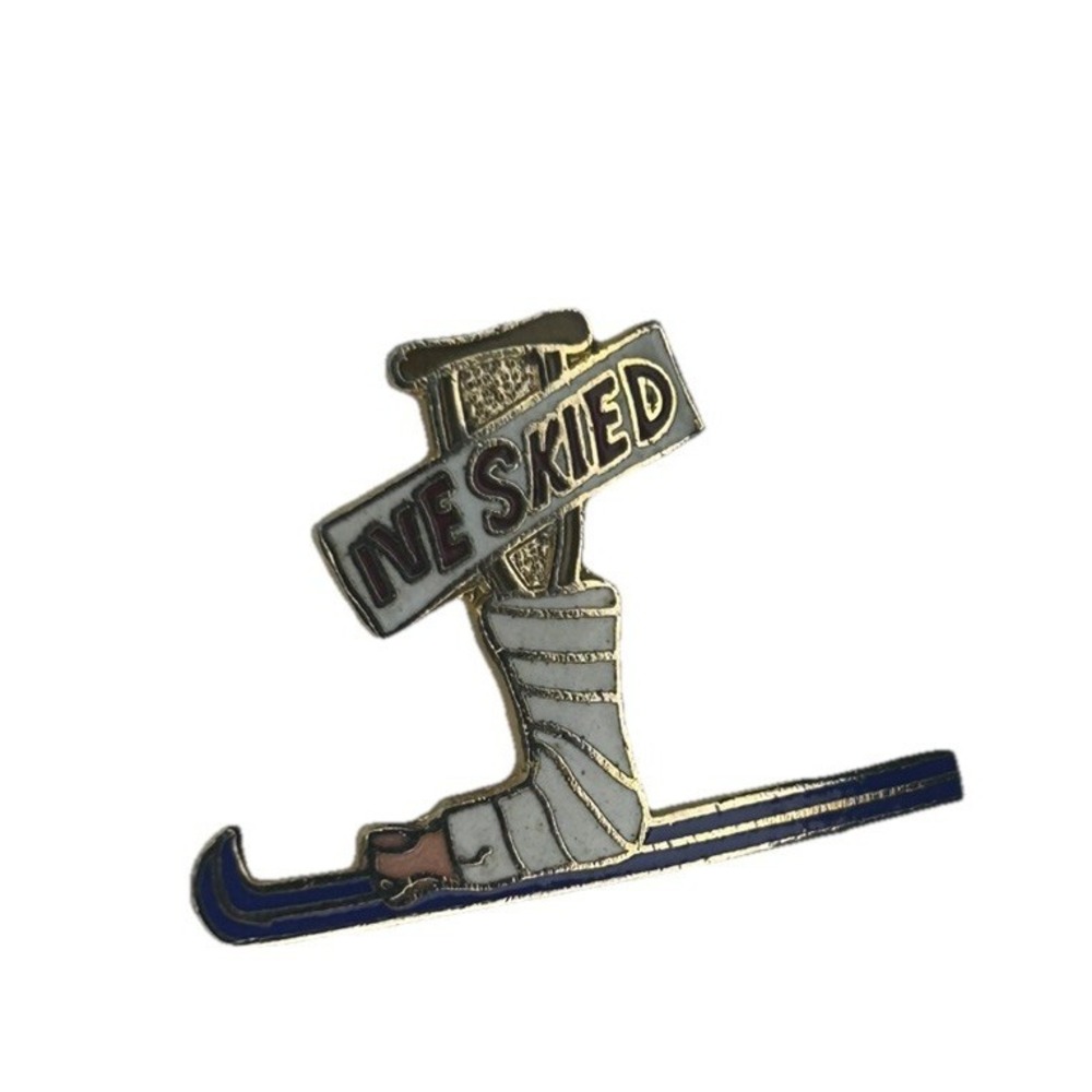 Vintage Enamel Lapel/Hat Pin - I've Skied! (AT Designs, RARE, Broken Leg/Crutch)